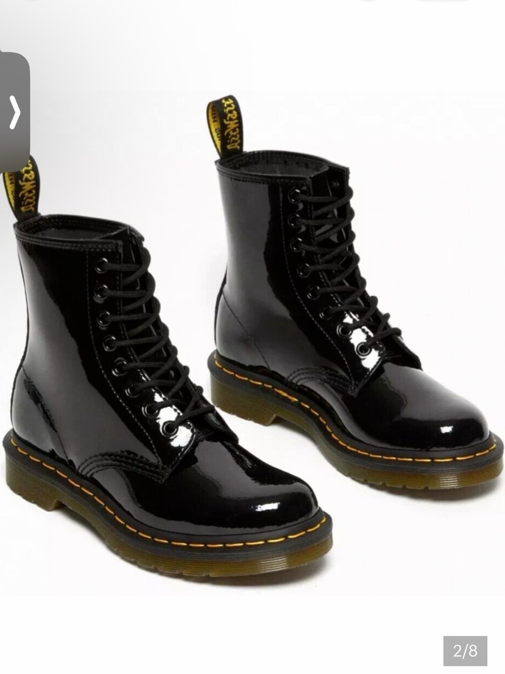 Dr. Martens Black Patent Lace-Up Boot with Yellow Stitching